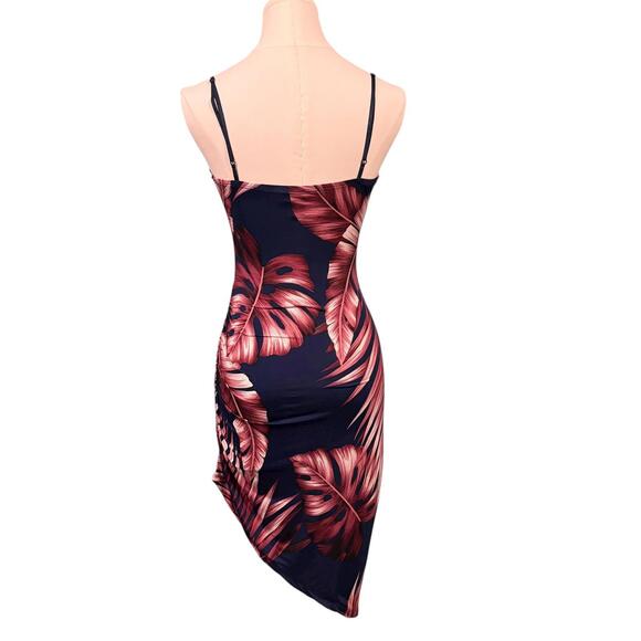 Windsor Tropical Palm Leaf Asymmetrical Ruched Bodycon Dress Navy Pink Medium - Picture 3 of 13